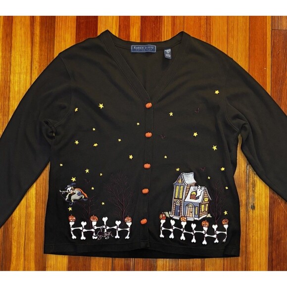Karen Scott Sweaters - Vintage Karen Scott Halloween Embroidered Cardigan Sweater Skeleton Ghost L